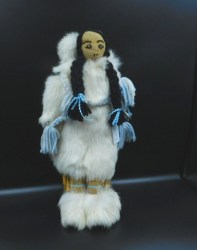 15'' INUIT ABORIGINAL POLAR WHITE FUR PARKA, HOOD,  FUR SUEDE LEGGINGS, MOCCASINS, BEADED FACE